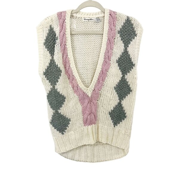 Vintage Argyle Diamond Knit Deep V-Neck Sweater Vest Cream Pink Size Small - Picture 1 of 6